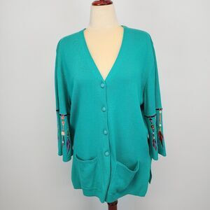 Bob Mackie Wearable Art Cardigan Sweater Size XL Green Dreamcatcher Embroidered